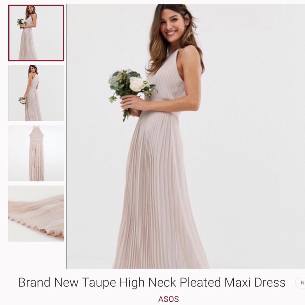 Brand New Taupe High Neck Pleated Maxi Dress